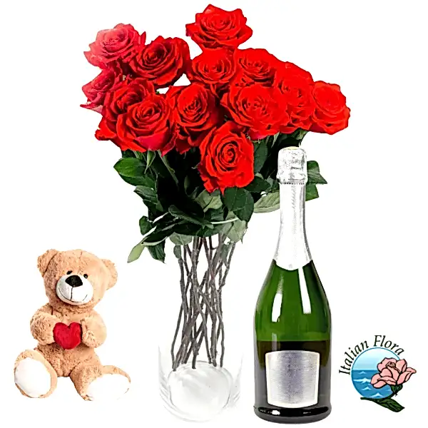 24 red roses with teddy and white wine