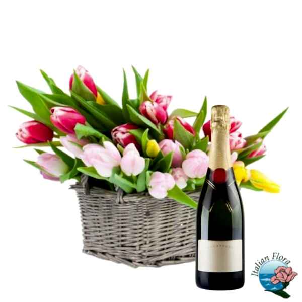 Basket of mixed tulips with sparkling wine