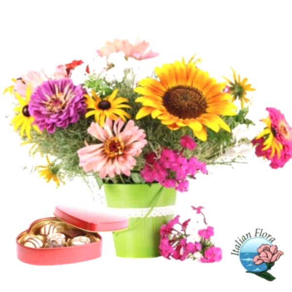 Bouquet of colourful flowers with box of chocolates