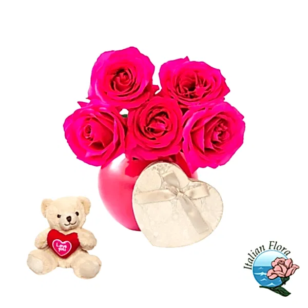 Bouquet of hot pink roses with chocolates and romantic teddy